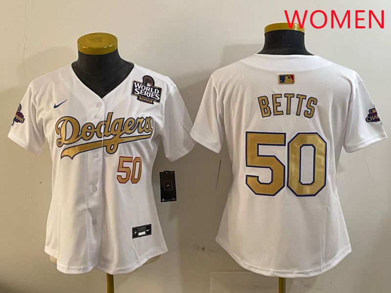 Women Los Angeles Dodgers 50 Betts White Champion gold character 2025 Nike MLB Jersey style 4092